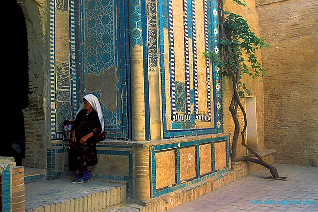 Old Moslem Woman Praying Kussam-ibn-Abbas Mosque Samarkand Uzbekistan