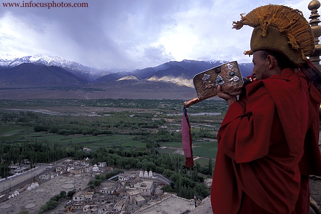 Yellow Hat Monk Buddhist Shofar Thiske Gompa Ladakh