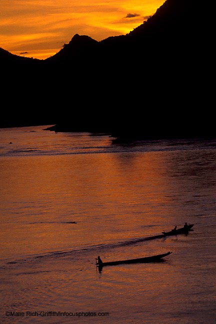 Red Sunset Mekong River Luang Prabang World Heritage Site Fishing Boats