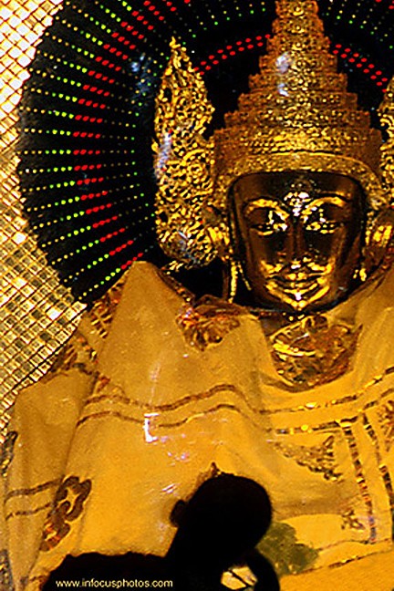 Contemplating Golden Neon Buddha Shwedagon Paya Yangon Buddhist Religion