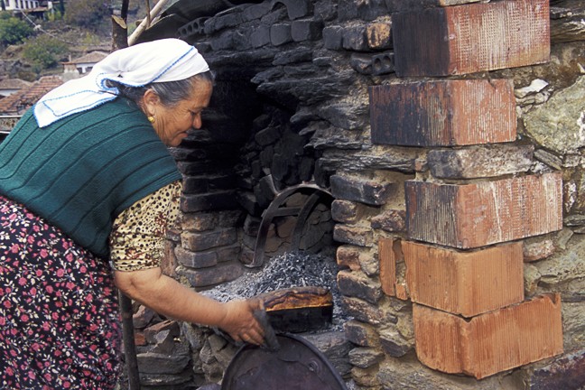 Old Woman Baking Bread Outdoor Oven Sirince