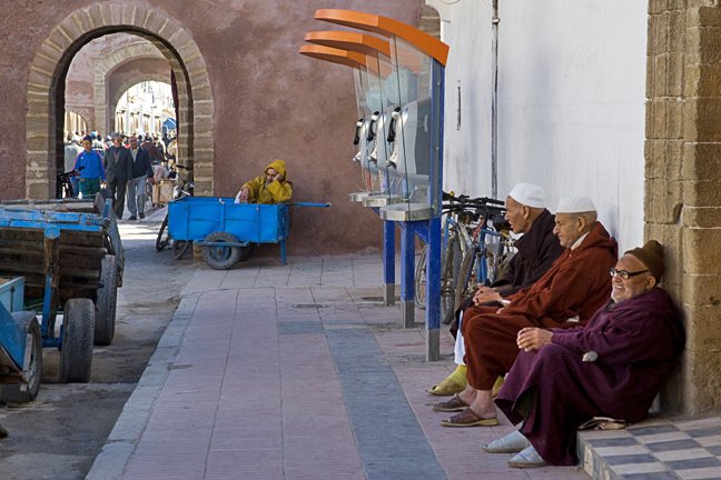 Morocco - Ancient and Modern in Essouira - Street Scene Old Men New Telephones