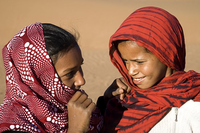 Morocco - Tuareg Girls Share a Secret - Friends Moslem Children Desert Tribe