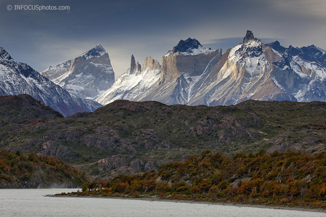 Infocusphotos : Los Torres and Los Cuernos Visible from Lago Grey in Torres del Paine National Park